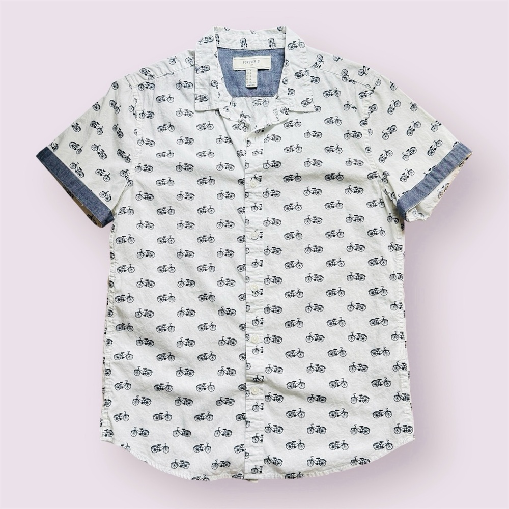 Forever 21 White and Blue Bicycle Print Shirt